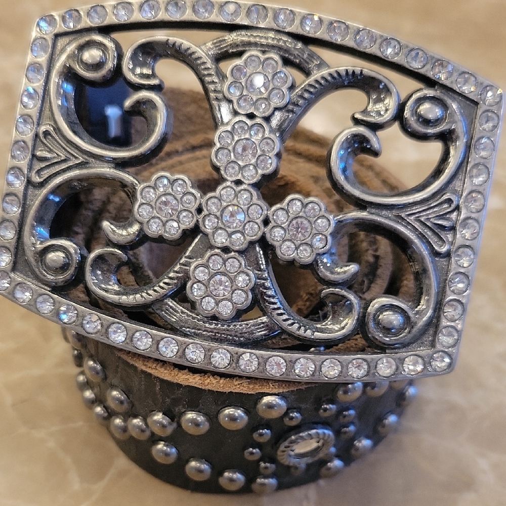 Guess Genuine Leather Dark Brown and Silver Embellished Belt, S